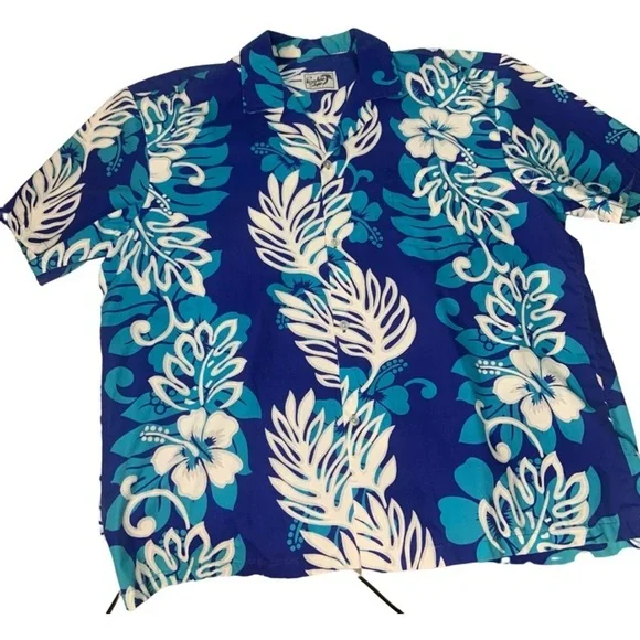 Vintage 80’s Men’s Blue Hawaiian Palm Print Short Sleeve Shirt Made In Hawaii